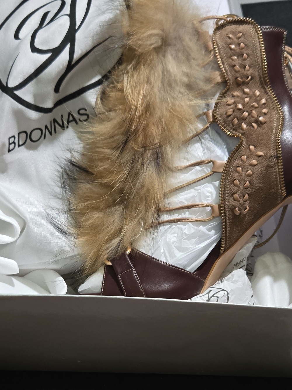 Brown & Gold Fur-Trim Heeled Sandals